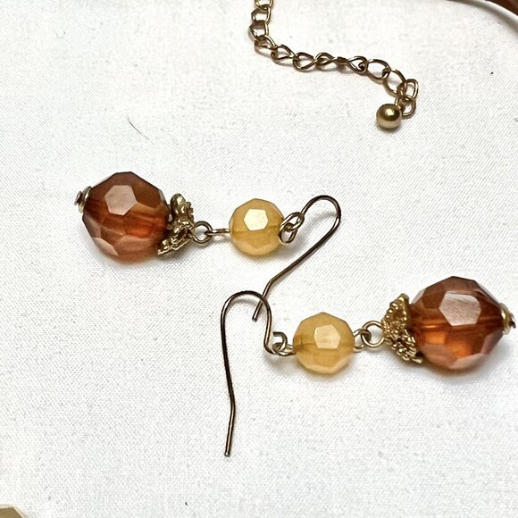 Vintage 2 Piece Necklace Earrings Amber and Gold Faux Crystal Beads, 3 Strands - Picture 3 of 5
